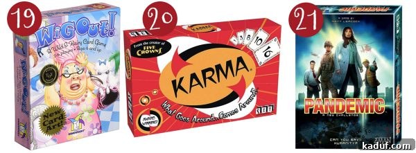 Mels Ultimate Holiday Gaming Gifts 9 Three diverse card and board games are arranged: 'Wig Out,' a fast-paced matching card game; 'Karma,' a dynamic card game with special actions; and 'Pandemic,' a cooperative board game.
