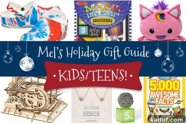 Mels Holiday Picks for Kids and Teens 2 A magical book, a cuddly Moosh Moosh animal pillow, vibrant magnetic beads, and stylish Crocs, representing diverse gift ideas for children and teenagers.