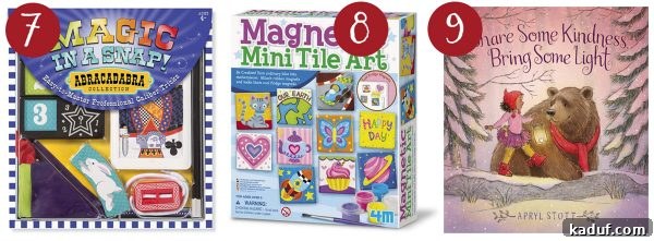Mels Holiday Picks for Kids and Teens 5 A Melissa & Doug magic set for young magicians, a magnetic tile art kit for creative crafting, and the heartwarming 'Share Some Kindness' book.
