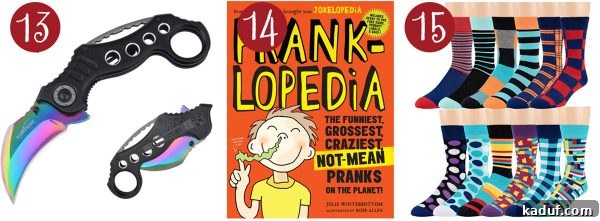 Mels Holiday Picks for Kids and Teens 7 An Albatross tactical knife for older boys, the 'Pranklopedia' book for mischievous fun, and a vibrant collection of patterned dress socks.