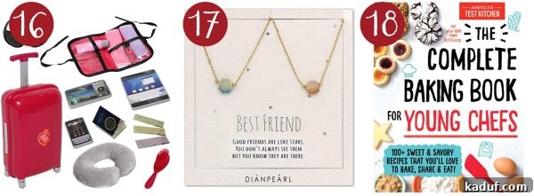 Mels Holiday Picks for Kids and Teens 8 An adorable doll suitcase set, a thoughtful best friend necklace, and a 'Young Chef's Cookbook' for aspiring bakers.