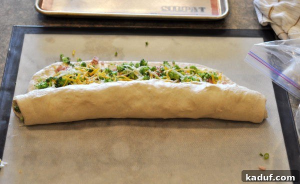 Rolling2 A partially rolled log of bread dough, filled with ham, broccoli, and cheese, continuing to be rolled upwards, demonstrating the ongoing creation of the spiral.