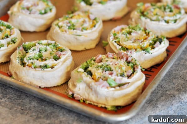 Savory Swirl Delights 7 A baking sheet filled with an arrangement of uncooked, perfectly sliced pinwheel rolls, showing their visible spiral layers, resting and ready for their final rise before being baked to golden perfection.