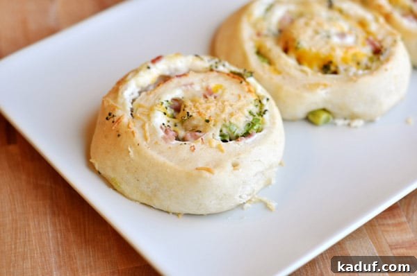 Savory Swirl Delights 3 A single, perfectly baked savory spiral stuffed roll, showcasing its golden-brown crust and inviting spiral layers of filling, presented on a minimalist white plate.