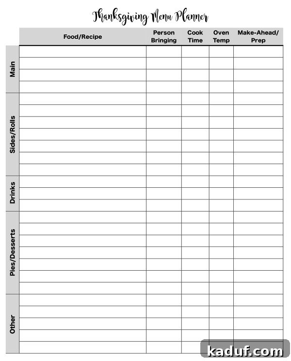 Stress-Free Thanksgiving Dinner Planning Free Printable 5 Detailed Thanksgiving menu planner page with sections for recipes, cook times, and make-ahead notes