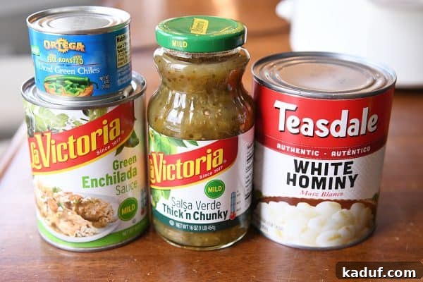 Easy Slow Cooker Posole 4 Can of green enchilada sauce, can of green chiles, can of salsa verde thick and chunky, can of white hominy.