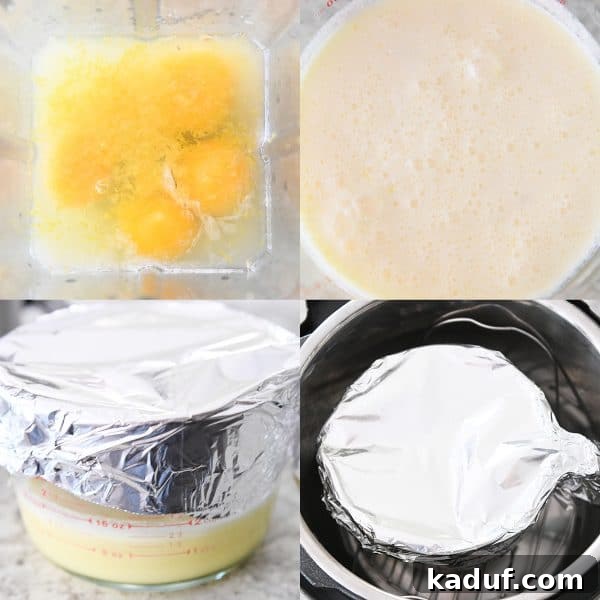 Easy Instant Pot Lemon Curd 5 A step-by-step visual guide showing the preparation of easy instant pot lemon curd, from blending ingredients to placing the covered bowl in the Instant Pot.
