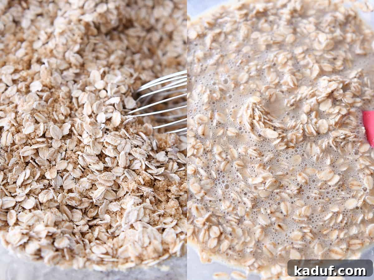 Effortless Amish Overnight Baked Oats 4 Dry oats, rich brown sugar, fresh eggs, and creamy milk are combined in a spacious mixing bowl, ready for whisking to create a delicious Amish baked oatmeal.
