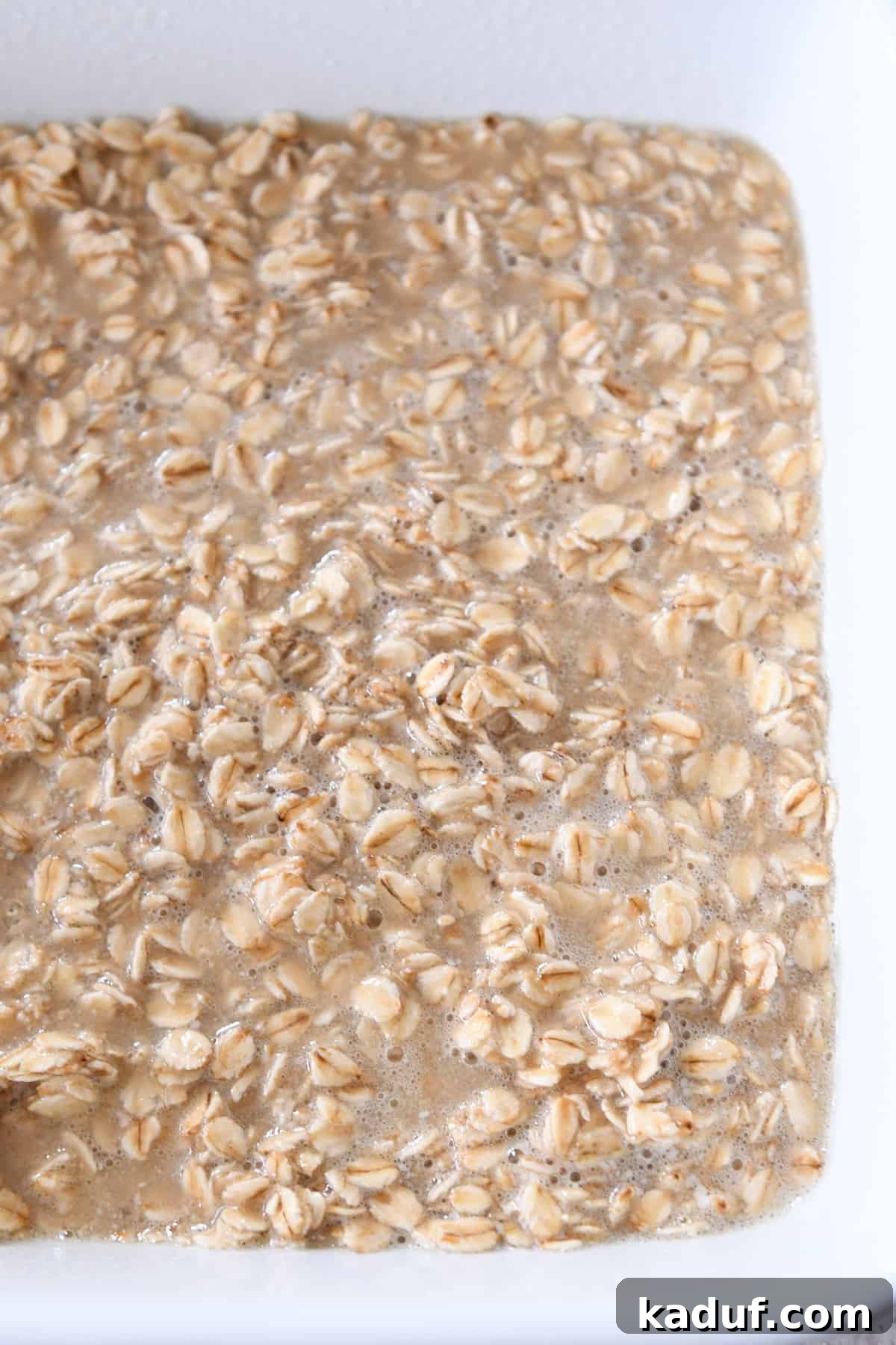 Effortless Amish Overnight Baked Oats 5 Unbaked Amish baked oatmeal mixture, featuring oats, brown sugar, eggs, and milk, resting in a pristine white baking dish, ready for overnight refrigeration or immediate baking.