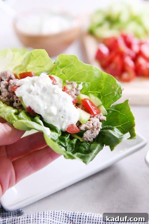 Zesty Greek Lettuce Boats 3 A hand holding a perfectly assembled Greek lettuce wrap, showcasing the fresh ingredients and vibrant colors.