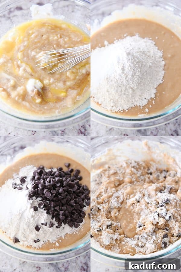 Ultimate Peanut Butter Banana Bread 3 Mixing together batter for peanut butter banana bread with chocolate chips.