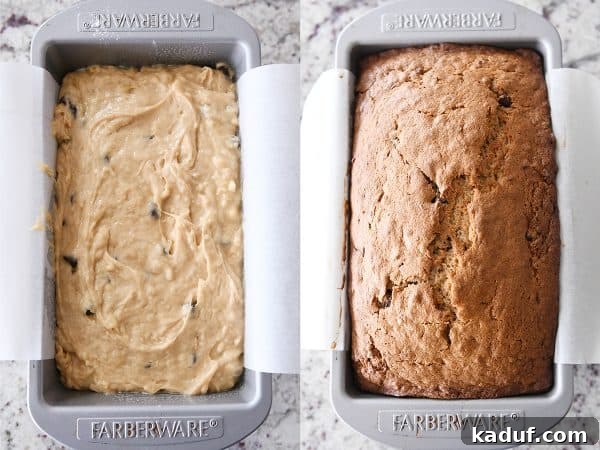 Ultimate Peanut Butter Banana Bread 4 Loaf pan with banana bread batter; loaf pan with baked banana bread.