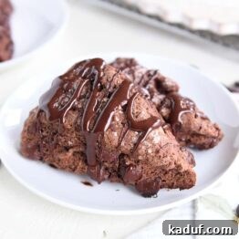 Divine Triple Chocolate Scones 12 Two Triple Chocolate Scones with glaze on a white plate, perfect for serving.