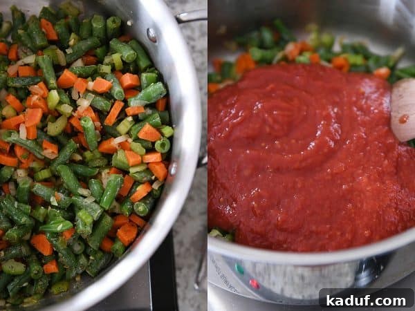 Rustic Italian Minestrone 4 Freshly chopped green beans, carrots, and onions prepared for cooking in a pan.