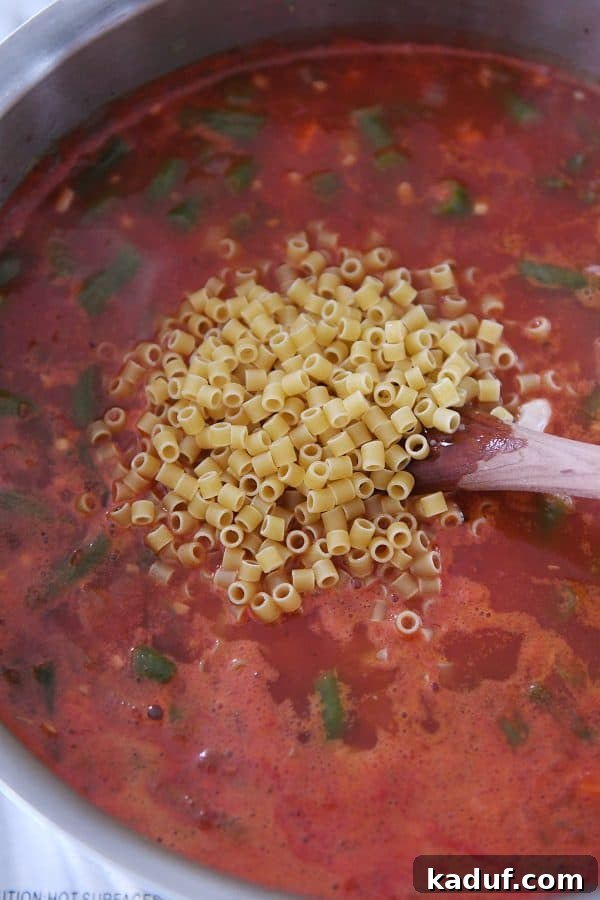 Rustic Italian Minestrone 5 Ditalini pasta being added to a simmering pot of broth, tomatoes, and vegetables for minestrone soup.