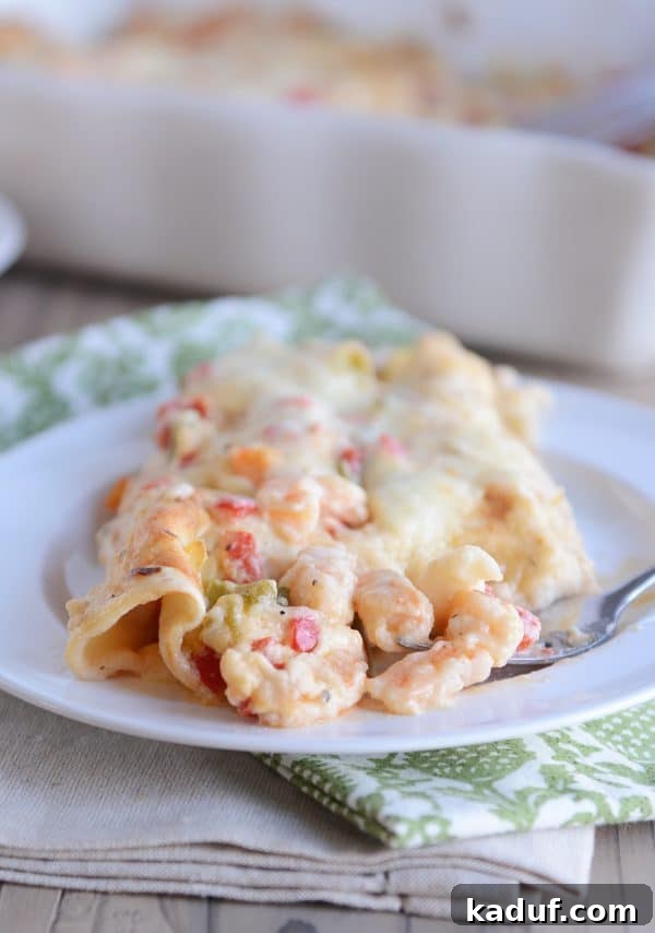 Creamy Shrimp Enchiladas 2 A perfectly baked shrimp enchilada, golden brown and bubbling, on a white plate, ready to be enjoyed.