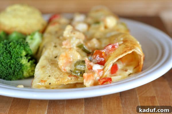 Creamy Shrimp Enchiladas 6 Two golden-brown shrimp enchiladas, perfectly baked and garnished, served on a pristine white plate.