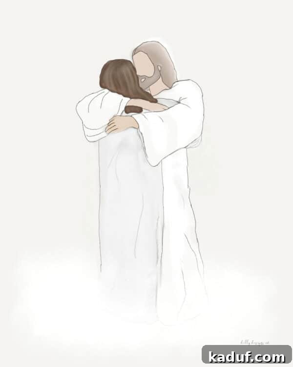 Friday Reflections: Life Lately and Finding My Rhythm 10 A tender picture of Christ gently embracing a woman with dark hair, symbolizing comfort, love, and divine solace in times of sorrow.
