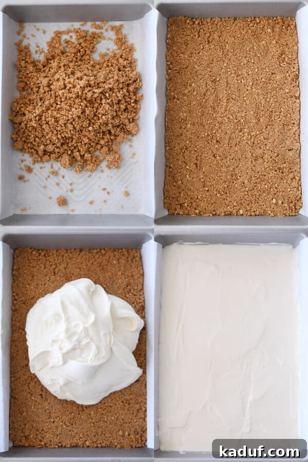 Zesty Lemon White Chocolate Squares 5 Assembling the dessert layers, showing the graham cracker crust and the white chocolate cheesecake batter being spread.