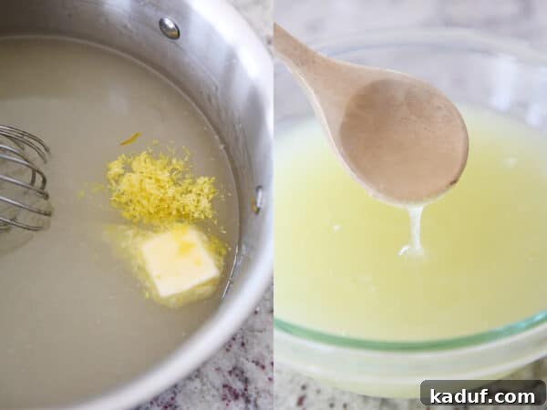 Zesty Lemon White Chocolate Squares 6 Making lemon topping for cream bars, showing lemon zest and butter being stirred into a stainless pan.