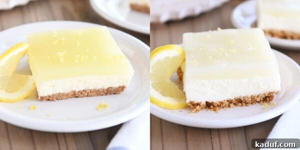 Zesty Lemon White Chocolate Squares 8 Side by side pictures of lemon white chocolate cream bars, one with yellow food coloring and one without, highlighting color difference.