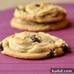 Close-up of a stack of soft peanut butter chocolate chip cookies, showcasing their chewy texture.