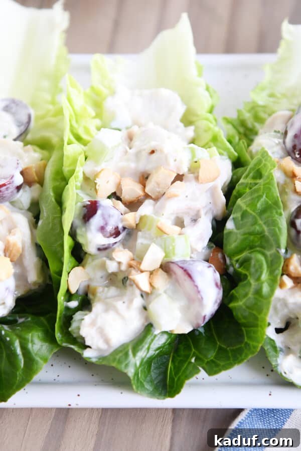 Chicken salad recipe on bed of lettuce leaves on white platter.