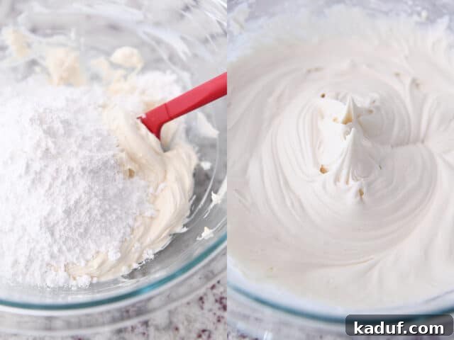 The Perfected Fruit Pizza 6 Powdered sugar added to glass bowl of cream cheese frosting and then mixed until creamy.