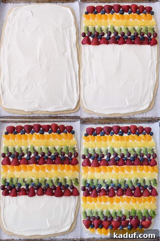 The Perfected Fruit Pizza 8 Assembling rows of fresh fruit on fruit pizza crust.
