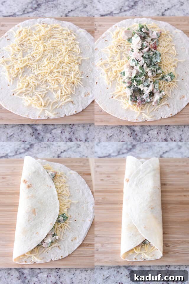 Ultimate Crispy Chicken Bacon Ranch Wraps 5 Assembling chicken bacon ranch wraps on wood cutting board.