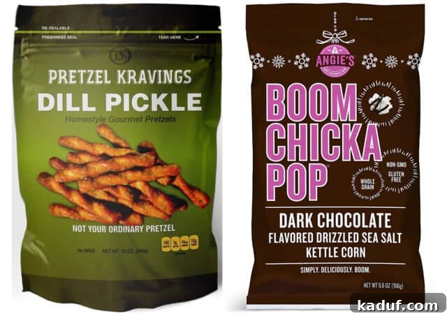 Warp-Speed Friday Wisdom 5 Selection of favorite snacks including dill pickle pretzels, dark chocolate drizzled popcorn, and spicy dill pickle almonds.