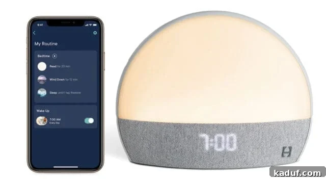 Warp-Speed Friday Wisdom 8 The Hatch Restore alarm clock, featuring a soft light simulating sunrise and a sleek design, used for improved sleep and wake cycles.
