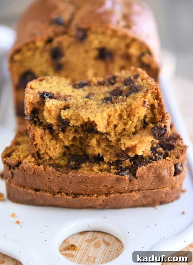 Spiced Pumpkin Chocolate Chip Loaf 2 Two golden-brown slices of moist pumpkin chocolate chip bread with a third slice stacked on top, broken in half, showcasing the fluffy interior and melted chocolate chips.