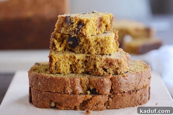 Spiced Pumpkin Chocolate Chip Loaf 8 Thick, delicious slices and broken pieces of pumpkin chocolate chip bread, generously stacked, showcasing its dense yet fluffy texture and abundance of chocolate chips.