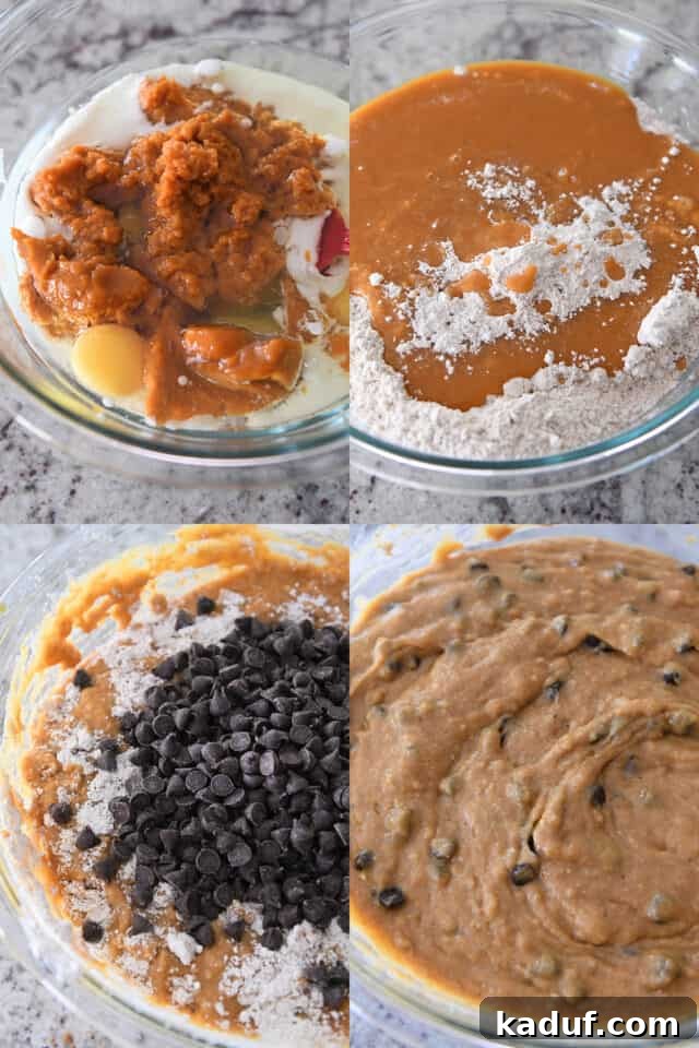 Spiced Pumpkin Chocolate Chip Loaf 3 Two bowls side by side: one with the wet ingredients including pumpkin, eggs, and milk; the other showing the combined pumpkin batter with a generous swirl of chocolate chips.