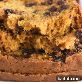 Two half slices of moist pumpkin chocolate chip bread on a white plate, showcasing the fluffy interior.