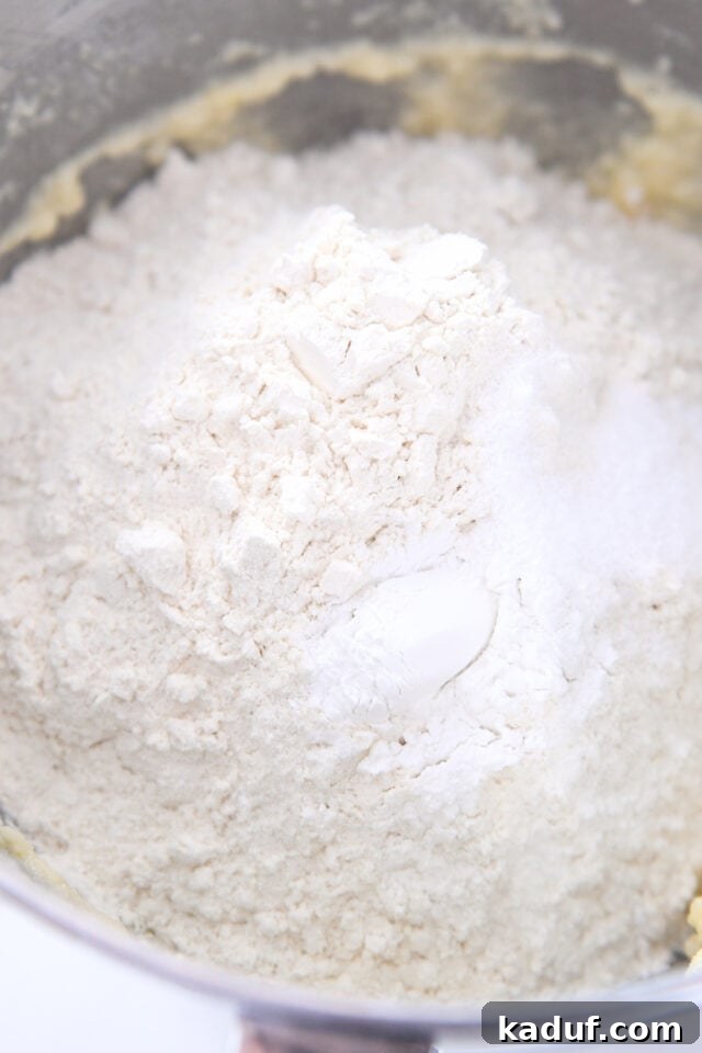 The Ultimate Cutout Sugar Cookie Recipe 5 Flour, baking powder and butter in stainless bowl.