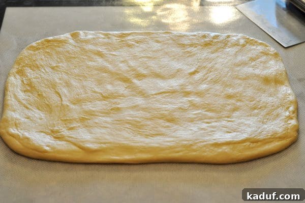 Orange Glazed Sweet Rolls 5 Uncooked bread dough rolled into a rectangle shape.