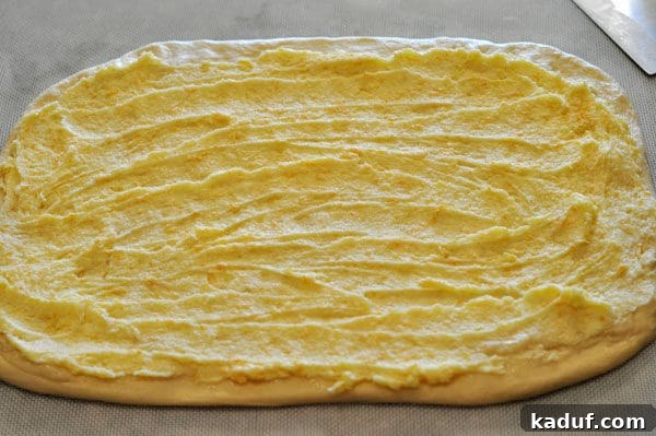 Orange Glazed Sweet Rolls 6 Rectangle shaped uncooked bread dough with orange zest and butter mixture spread on top.