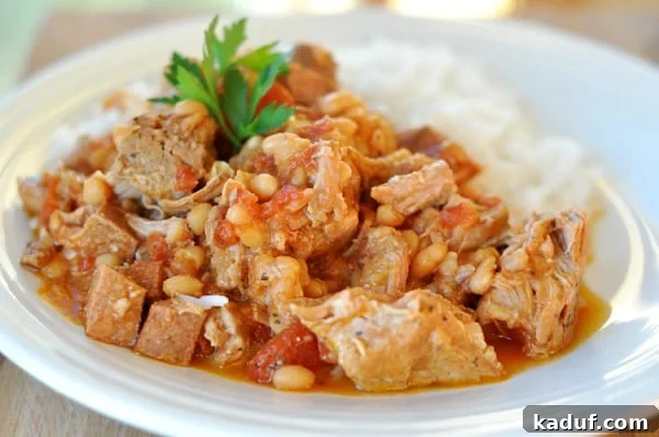 Hearty Farmhouse Pork and Beans 2 A bowl of slow-cooked pork and white beans with chunks of tender pork, creamy white beans, and a rich, savory broth, served alongside fluffy white rice.