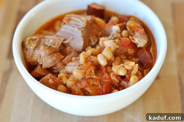 Hearty Farmhouse Pork and Beans 3 Close-up shot of tender chunks of pork, plump white beans, and a rich tomato-based sauce, ready to be enjoyed.