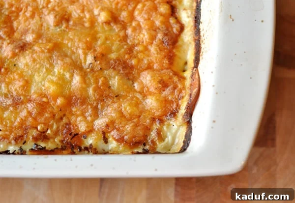 Golden Cheesy Potato Gratin 2 Golden brown cheesy au gratin potatoes in a white casserole dish
