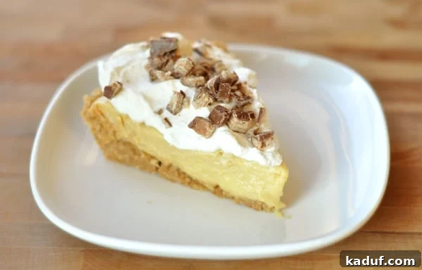 Cloud Nine Pudding Pie 3 A close-up view of a slice of custom pudding pie, showcasing a golden graham cracker crust, a thick layer of creamy pudding, and a decadent topping of whipped cream and toffee bits.