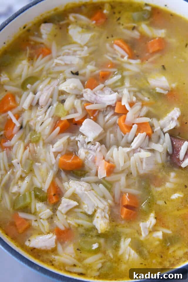Bright Lemon Chicken Orzo Soup 5 A cast iron pot filled with a golden, simmering lemon chicken orzo soup, showcasing its rich texture and inviting warmth.