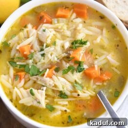Bright Lemon Chicken Orzo Soup 8 white bowl with handles filled with lemon chicken orzo soup