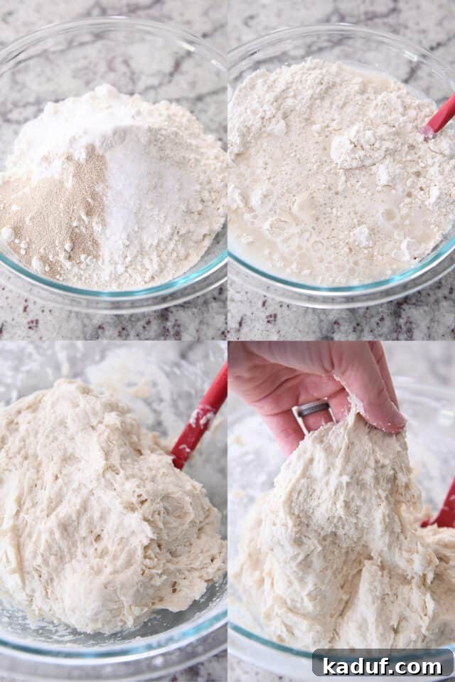 Pratik Yoğurmasız Köy Ekmeği 4 Close-up shot of dry ingredients being mixed with water in a glass bowl, illustrating the initial stage of preparing the sticky peasant bread dough.