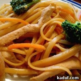 Close-up of freshly cooked Chicken Lo Mein in a wok, garnished with green onions.