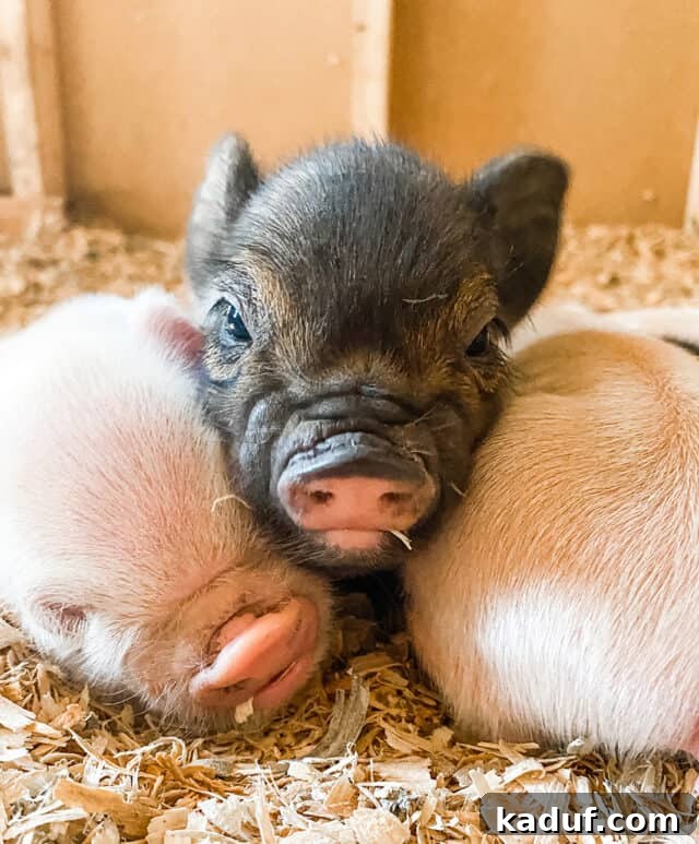 Weekend Whims 3 Three Kunekune piglets laying peacefully in straw.