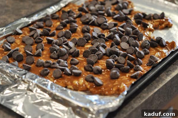 Golden Almond Toffee 17 Almond roca in a lined cookie sheet with chocolate chips sprinkled on top, preparing for the rich chocolate layer.