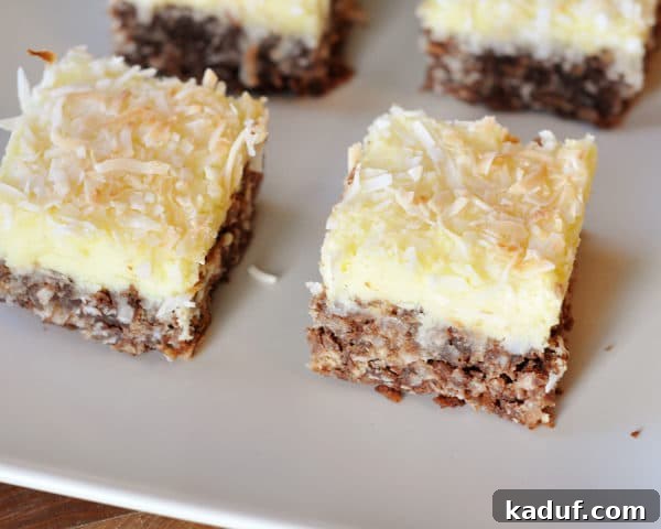 Chocolate Haystack Cheesecake Bars 3 Top view of coconut-topped cream cheese haystack squares on a white platter.